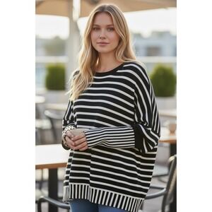 Attitudes by Renee Womens XL Striped Short Sleeve High Low Knit Top Black White